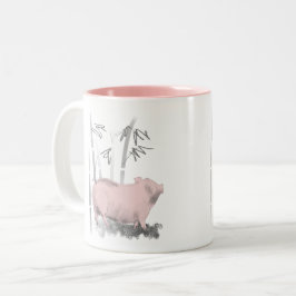 Ursprüngliches zeichnendes Schwein und Bambusse 2 Zweifarbige Tasse