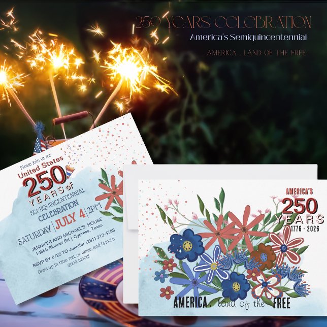 US 250 Jahre Freiheit, Floral Halbjahr Einladung (US 250 Years of Liberty Floral Semiquincentennial Invitation)