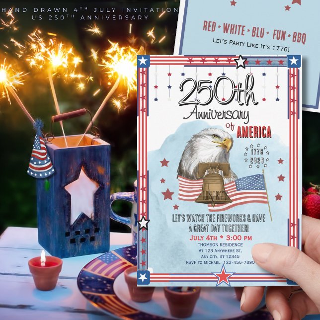 US 250th Anniversary Hand Drawn Bell Eagle Einladung (US 250th Anniversary Hand Drawn Bell Eagle Invitation)