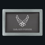 US Air Force Logo - Schwarz Rechteckige Gürtelschnalle<br><div class="desc">Dieses Design zeigt das offizielle U.S. Air Force Logo auf einem auffallend blauen Hintergrund. Stolz,  Hingabe und Service symbolisieren,  ist es eine zeitlose und patriotische Hommage an die United Staaten Air Force und ihre lange Tradition der Exzellenz.</div>