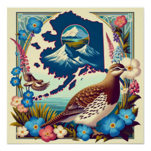 US Alaska Staat Bird und Blume Design Poster