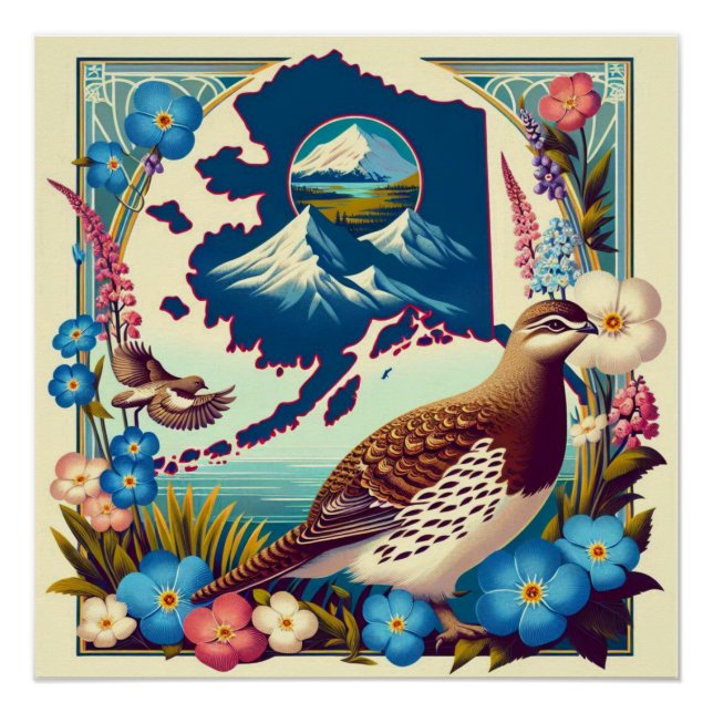 US Alaska Staat Bird und Blume Design Poster (Vorderseite)