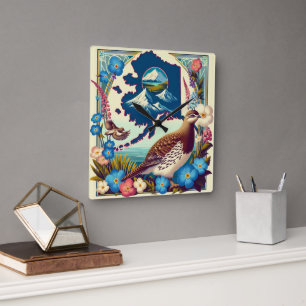 US Alaska Staat Bird und Blume Design Quadratische Wanduhr
