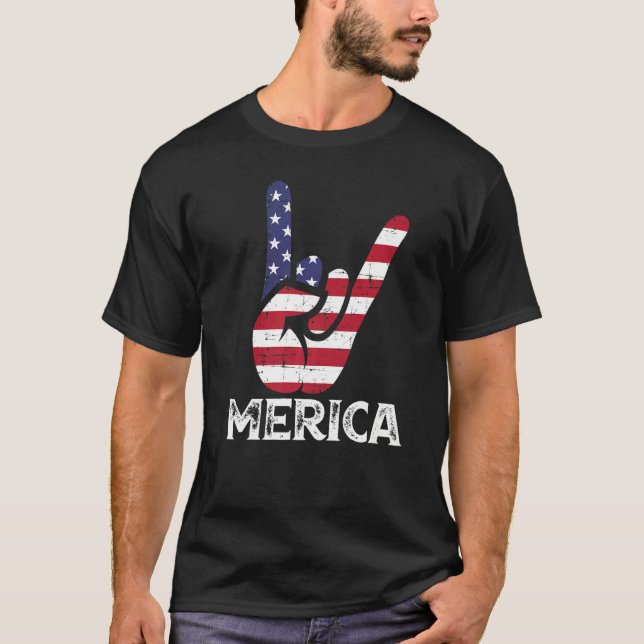 US American Flag and Patriotic Rock Sign of Hand M T-Shirt (Vorderseite)