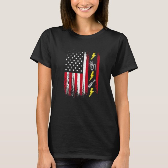 US American Flag  Electricity  Electrician Lineman T-Shirt (Vorderseite)