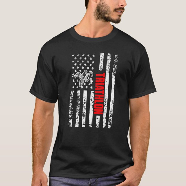 US American Flag Sports Patriotic Triathlon Premiu T-Shirt (Vorderseite)