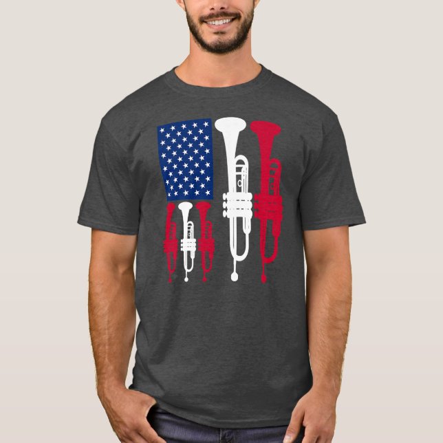 US American Flag Trumpet Player Funny 4. T-Shirt (Vorderseite)
