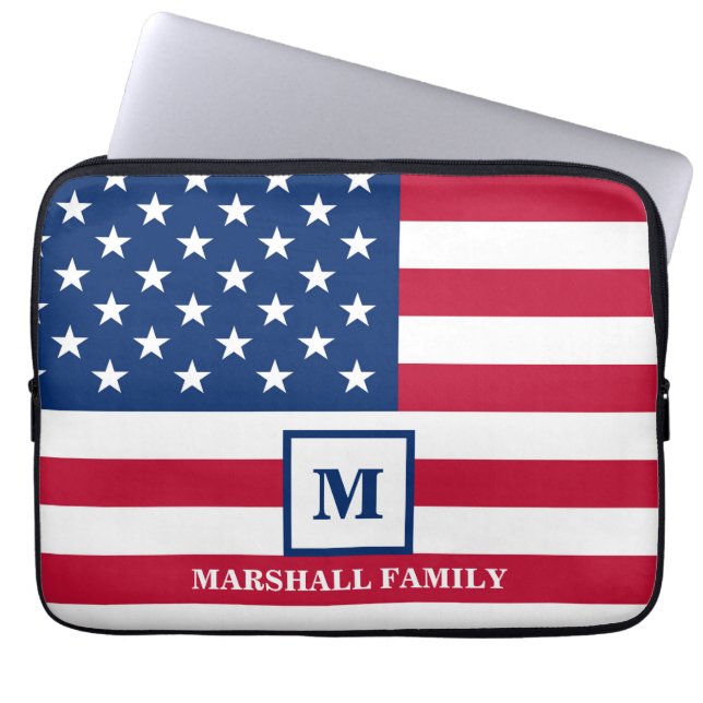 US-amerikanische Flagge Maßgeschneiderte Monogramm Laptopschutzhülle (Vorderseite)