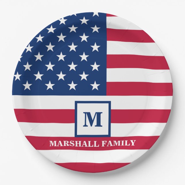 US-amerikanische Flagge Maßgeschneiderte Monogramm Pappteller (Vorderseite)