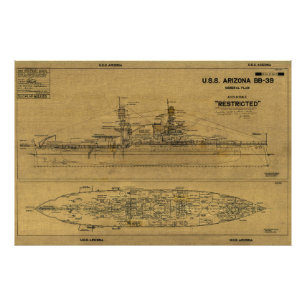 US ARIZONA Battleship Blueprint 1934 Fotodruck