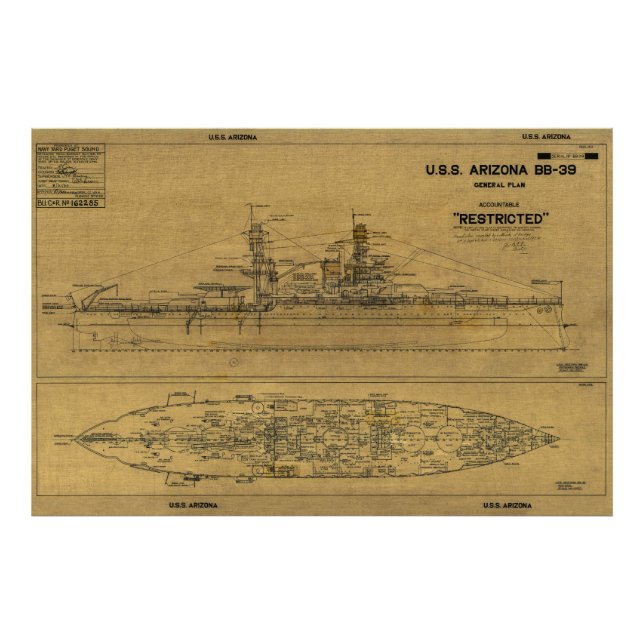 US ARIZONA Battleship Blueprint 1934 Fotodruck (Vorne)