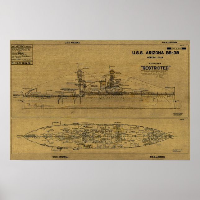 US ARIZONA Battleship Blueprint 1934 Poster (Vorne)