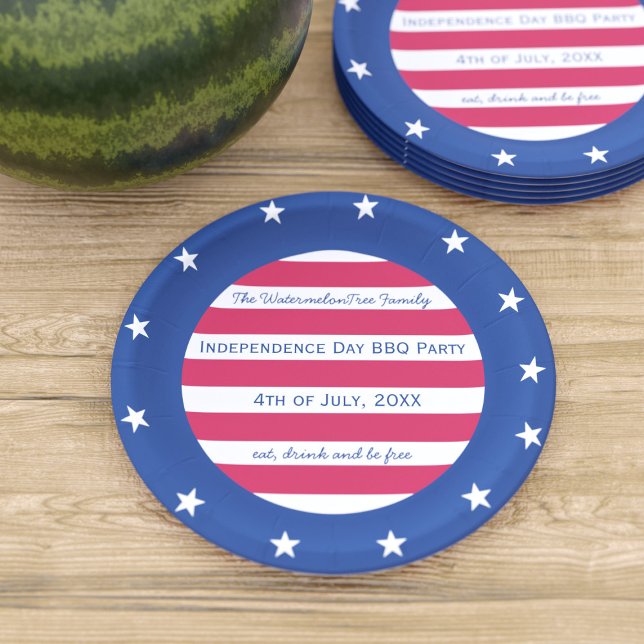 US Flagge 4. Juli Rot Weiß und Blau Pappteller (Stars and stripes! Just add your party details to this red white and blue patriotic paper plate)