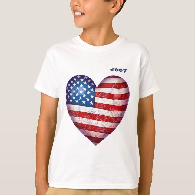 "US Flagge" Herz geformt mit Name Boy's T-Shirt (Vorderseite)