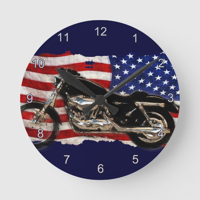 US-Flagge, Motorrad, Motorrad, Hog Runde Wanduhr (Vorderseite)
