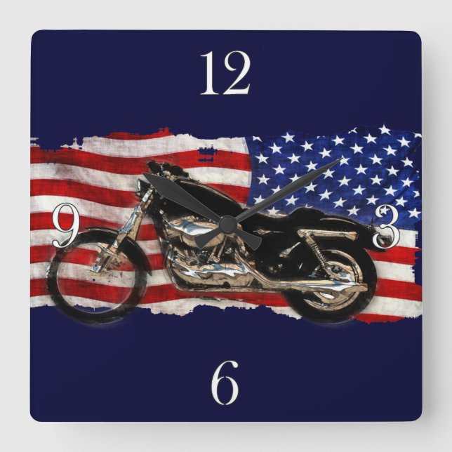 US-Flagge & Motorrad, Motorrad, Patriotische Kunst Quadratische Wanduhr (Vorderseite)