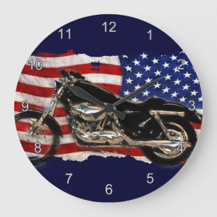 US-Flagge, Motorrad, Motorrad, Schwein Große Wanduhr
