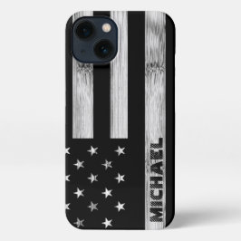 US-Flagge Rustic Wood Schwarz-weiß Monogram iPhone 13 Hülle
