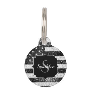US-Flagge Schwarz-weiße Glitzern Monogram Haustiermarke