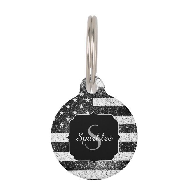 US-Flagge Schwarz-weiße Glitzern Monogram Haustiermarke (Vorderseite)