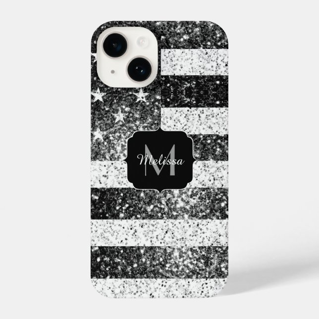 US-Flagge Schwarz-weiße silberne Glitzern Monogram iPhone Hülle (Rückseite)