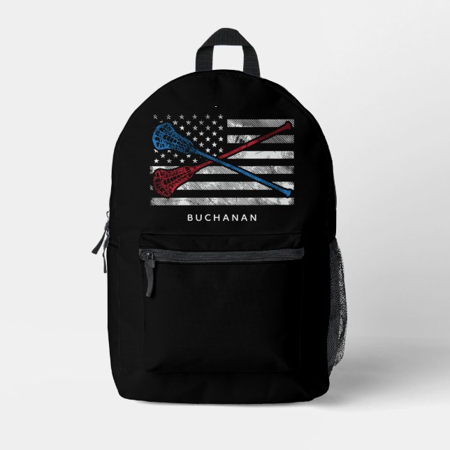 US-Flagge und Lacrosse Bats Custom Bedruckter Rucksack (Vorderseite)