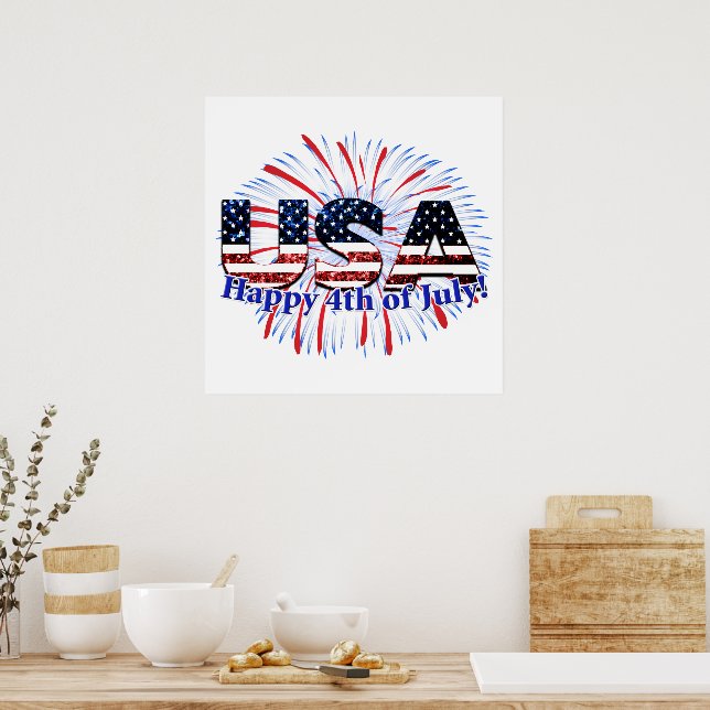 US-Glitzer mit Textflagge Feuerwerk am 4. Juli Poster (Küche)