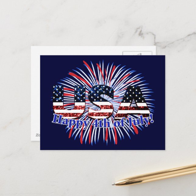 US-Glitzer mit Textflagge Feuerwerk am 4. Juli Postkarte (Vorderseite/Rückseite Beispiel)