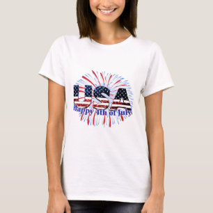 US-Glitzer mit Textflagge Feuerwerk am 4. Juli T-Shirt