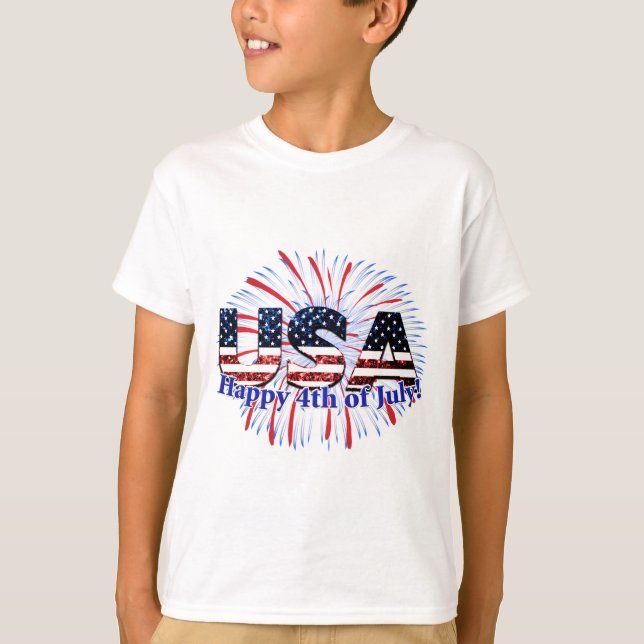 US-Glitzer mit Textflagge Feuerwerk am 4. Juli T-Shirt (Vorderseite)