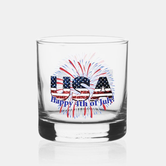 US-Glitzer mit Textflagge Feuerwerk am 4. Juli Whiskyglas (Vorderseite)