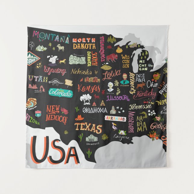 US-Karte: Illustriertes Poster Wandteppich (Vorderseite)
