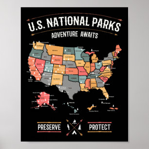 US-Nationalparks Karte Preserve Protect Wandern Ca Poster