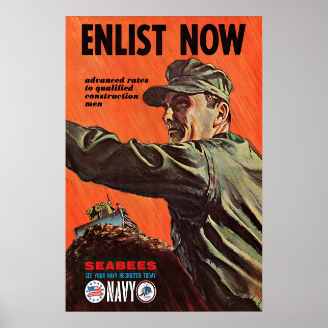 US Navy Seabees Propagandaposter Vintage Kriegs Ku Poster (Vorne)