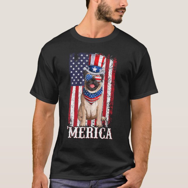 US Patriotic American Flag Beige Mops Dog 4. T-Shirt (Vorderseite)