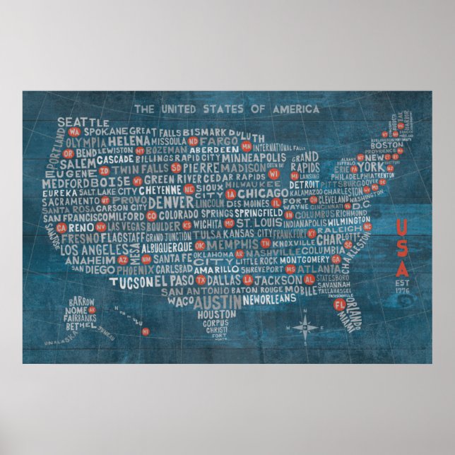 US-Stadtplan für Wood Blue Poster (Vorne)