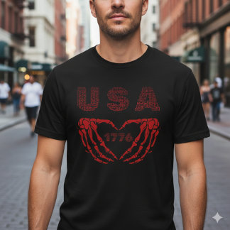 USA 1776 Patrioten-Skelett-Herz-Hände T-Shirt