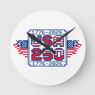 USA 250 – 1776 bis 2026 Pixel Art Runde Wanduhr