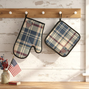 USA 250 Amerikanisches Karomuster Schild Motiv ID1 Ofenhandschuh & Topflappen-Set