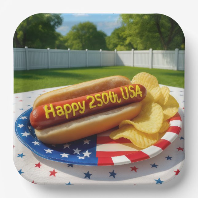 USA 250. Geburtstag Hot Dog Pappteller (Vorderseite)
