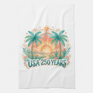 USA 250 Jahre Palmen Patriotisch Wüsten-Sonnenaufg Geschirrtuch