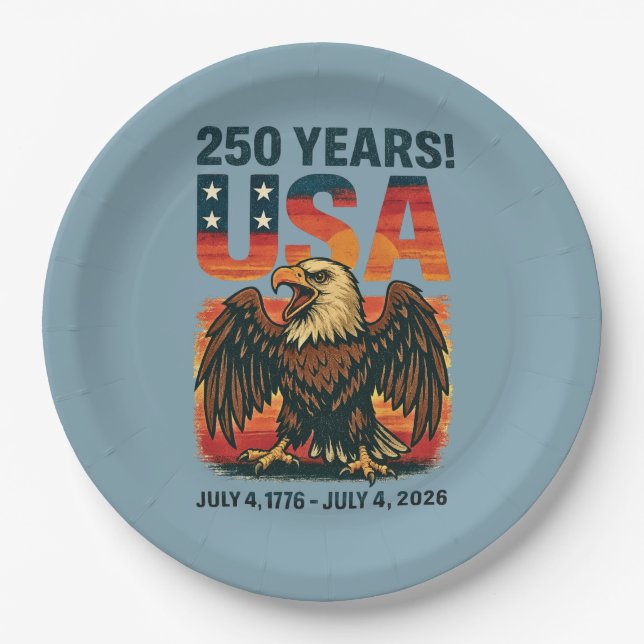 USA 250 Jahre - Patriotic Bald Eagle 4. Juli 2026 Pappteller (Vorderseite)