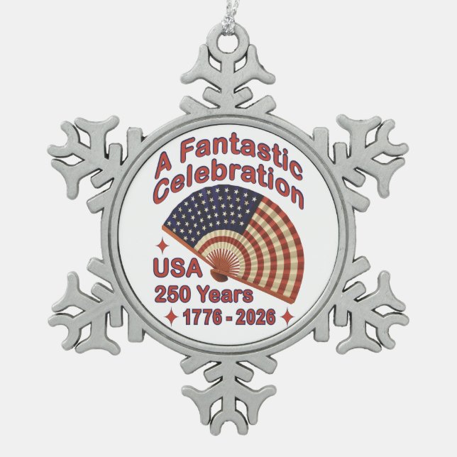 USA 250 Jahre patriotisches Fandesign – 1776-2026  Schneeflocken Zinn-Ornament (Vorderseite)