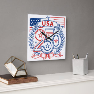 USA 250 Patriotisches Jubiläumsemblem-Design Quadratische Wanduhr