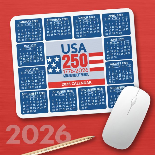 USA 250 with 2026 Calendar - Red White Blue Mousepad (2026 Calendar on a Mousepad)