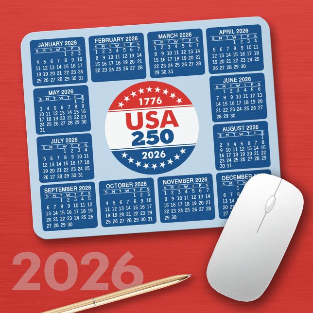 USA 250 with 2026 Calendar - Red White Blue Mousepad (2026 Calendar on a Mousepad)