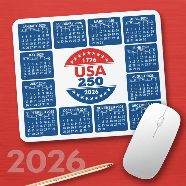 USA 250 with 2026 Calendar - Red White Blue Mousepad (2026 Calendar on a Mousepad)