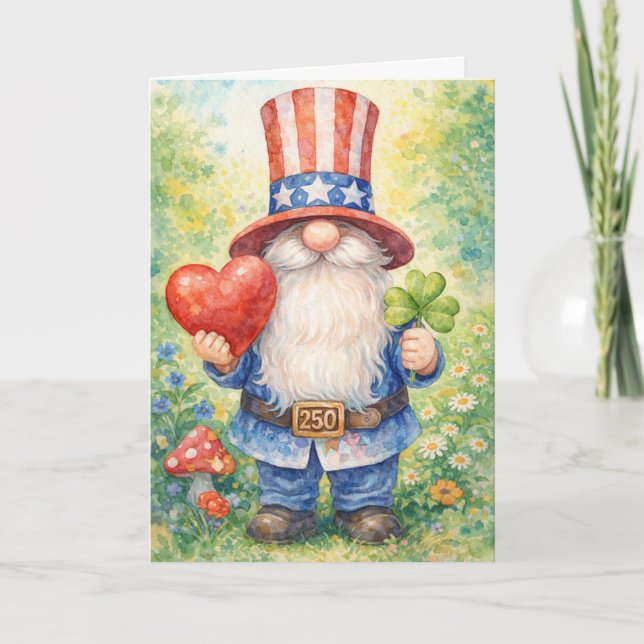 USA 250th Anniversary Patriotic Gnome Heart Shamro Karte (Vorderseite)