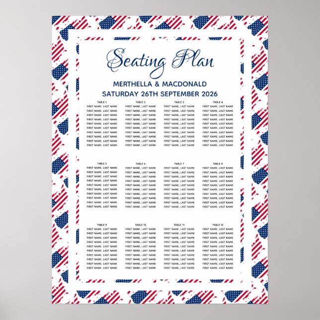 USA AMERICA FLAG Custom Wedding 120 Sitzplan Poster (Vorne)