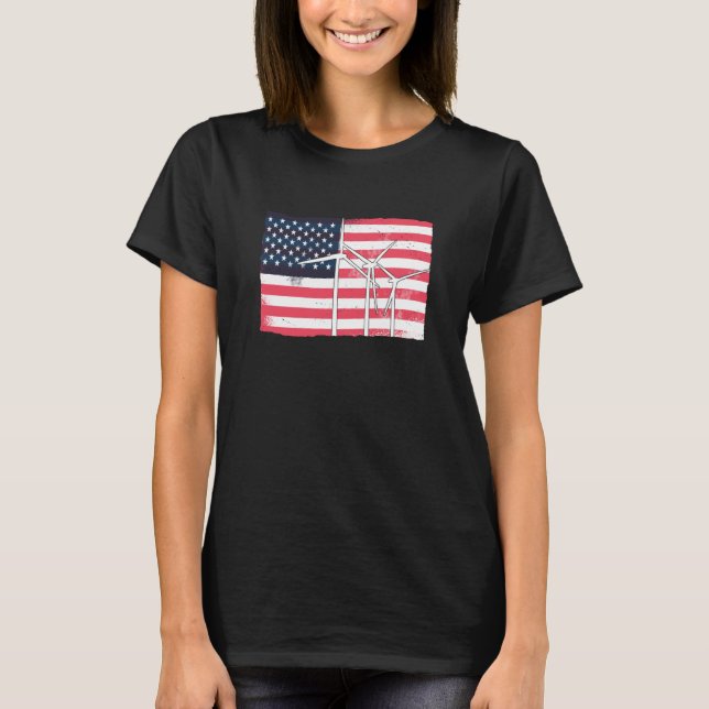 USA America Flag Wind Turbine Energy T-Shirt (Vorderseite)